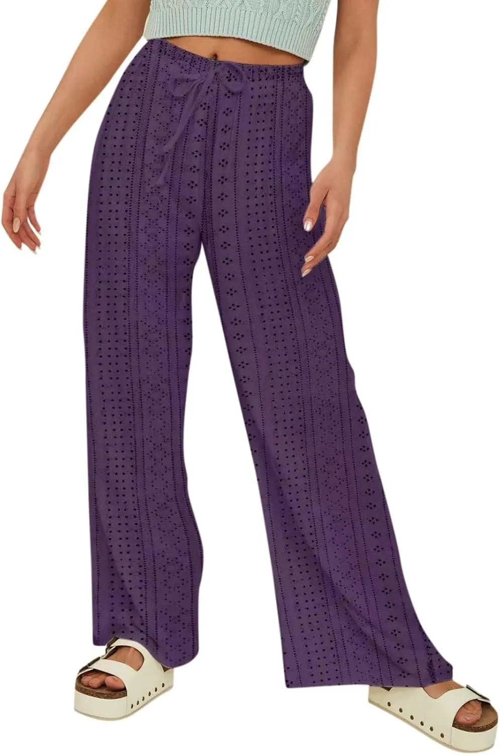 Summer Pants for Women Eyelet Linen Pants Loose Fit Straight Leg Pants Casual Elastic Waist Pants Baggy Beach Pants