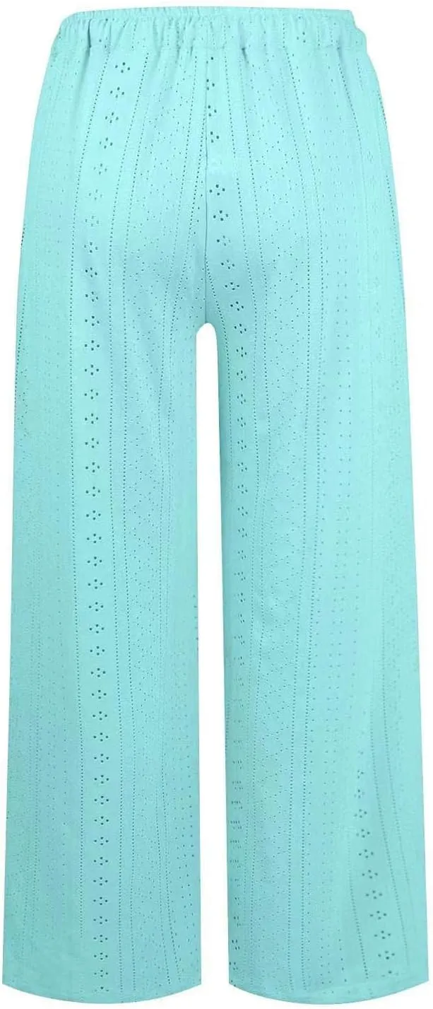 Summer Pants for Women Eyelet Linen Pants Loose Fit Straight Leg Pants Casual Elastic Waist Pants Baggy Beach Pants