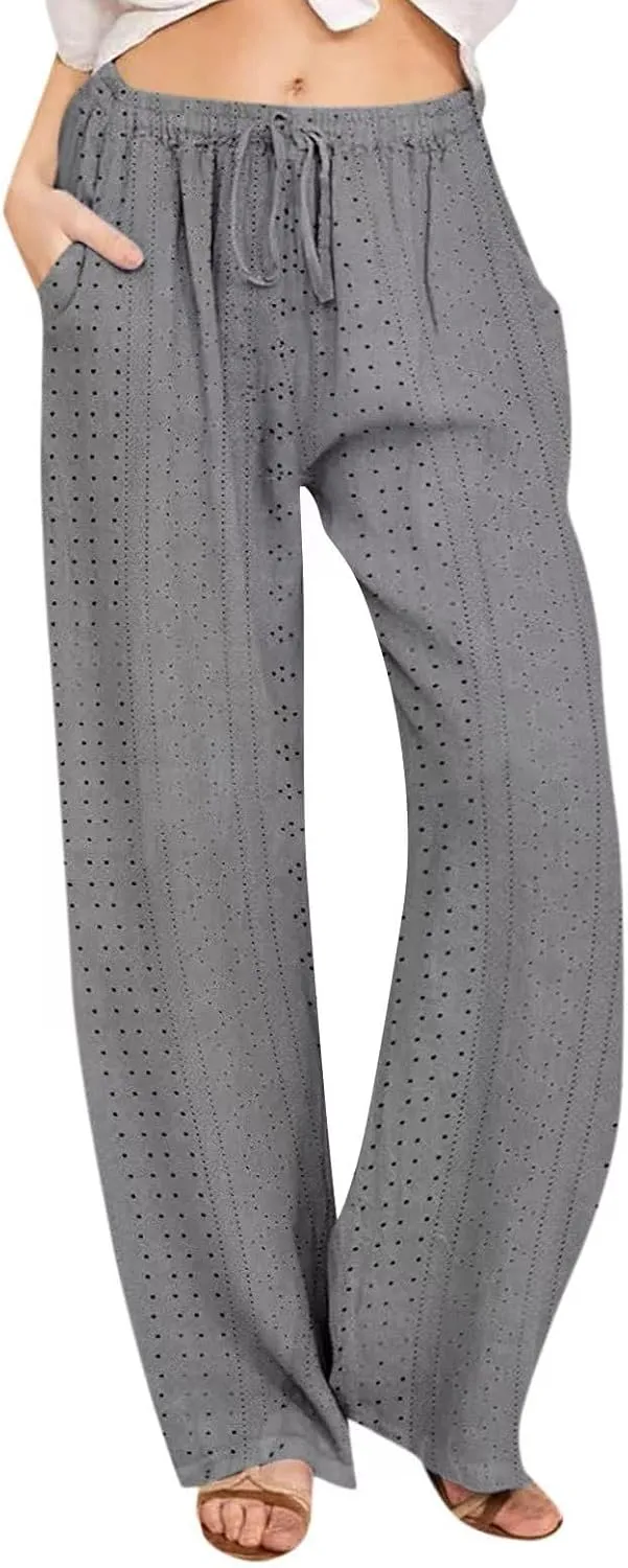 Summer Pants for Women Eyelet Linen Pants Loose Fit Straight Leg Pants Casual Elastic Waist Pants Baggy Beach Pants