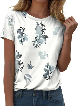 Summer Tops for Women 2025 Casual Trendy Flowy Tunic Shirts Short Sleeve Crewneck Floral Blouses Clothes
