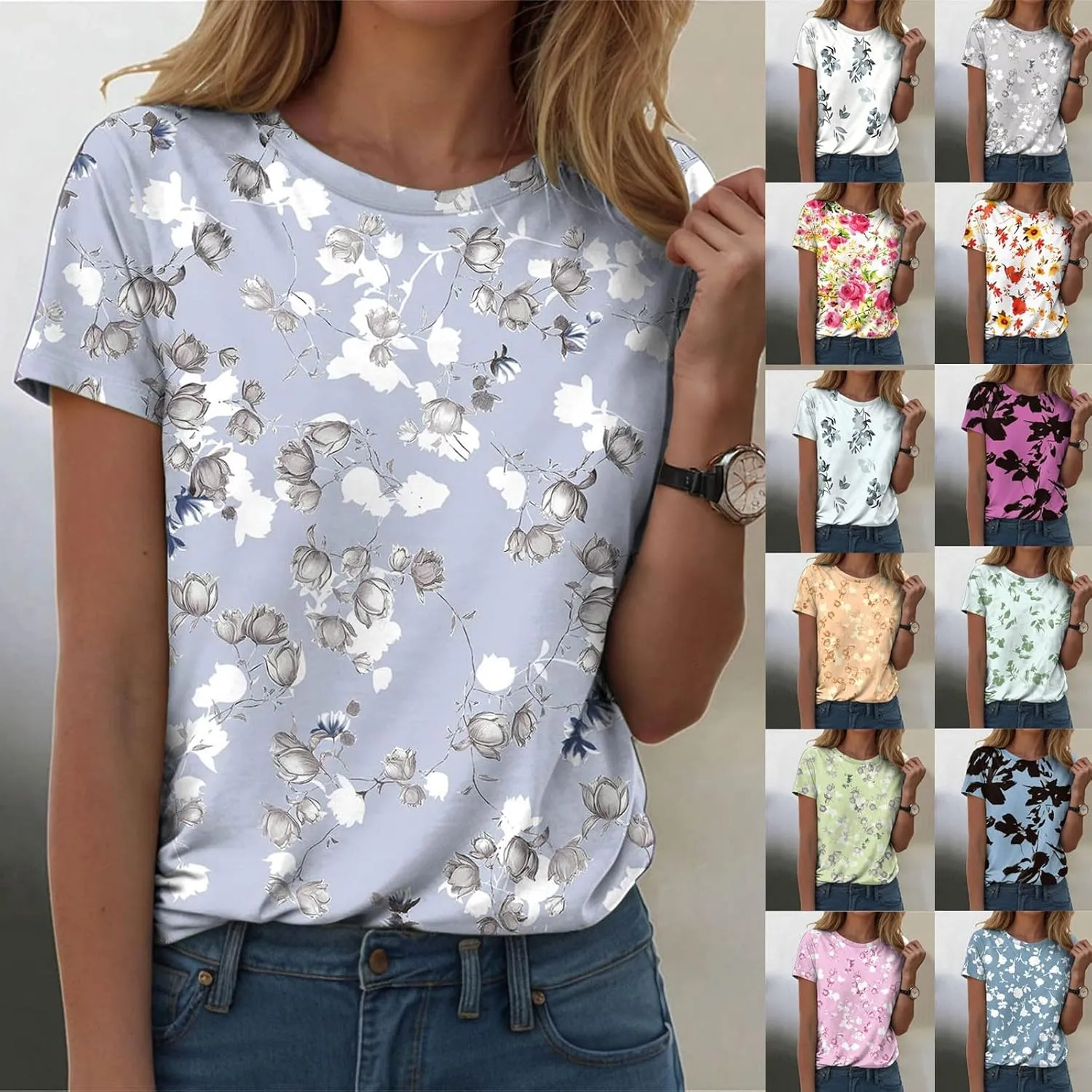 Summer Tops for Women 2025 Casual Trendy Flowy Tunic Shirts Short Sleeve Crewneck Floral Blouses Clothes