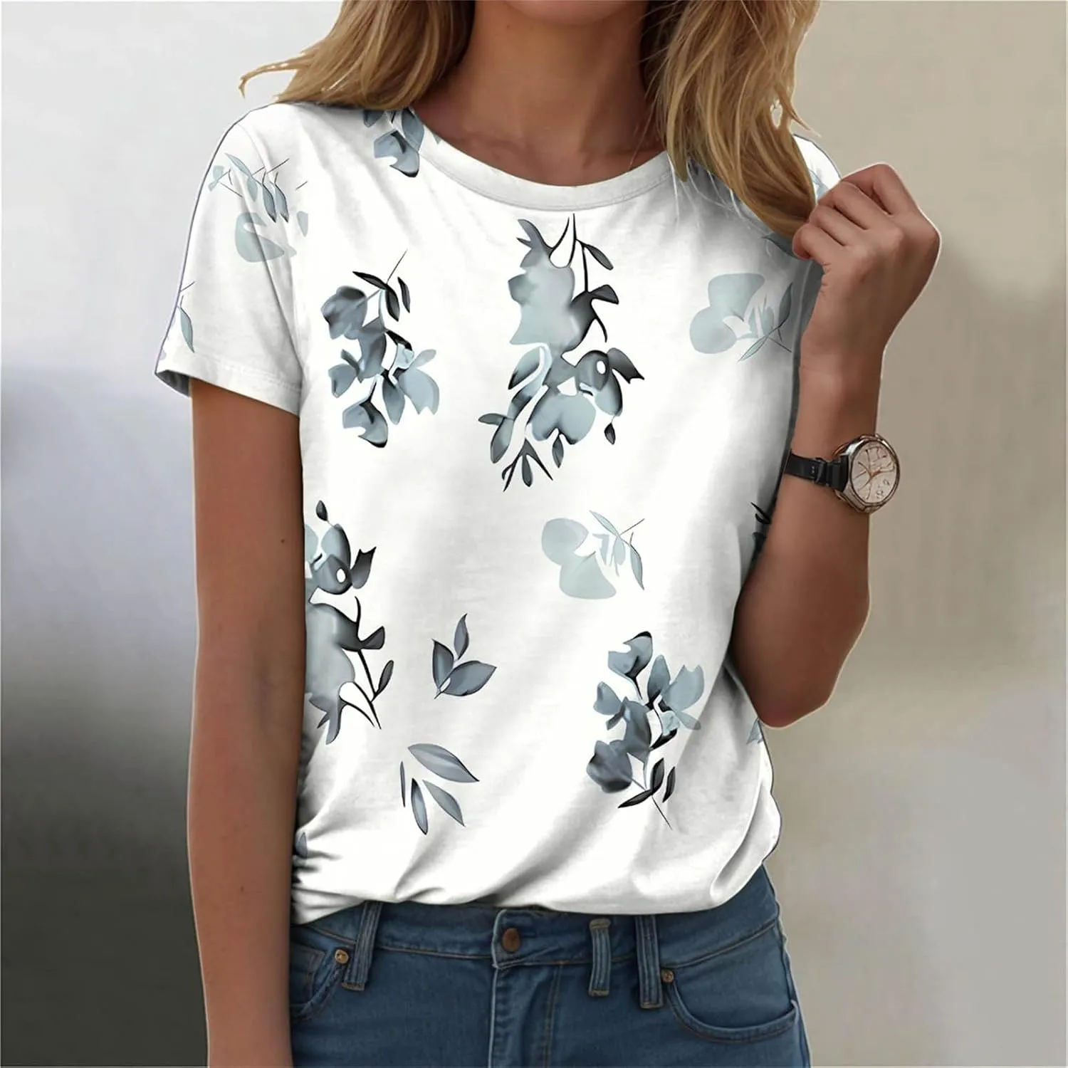 Summer Tops for Women 2025 Casual Trendy Flowy Tunic Shirts Short Sleeve Crewneck Floral Blouses Clothes