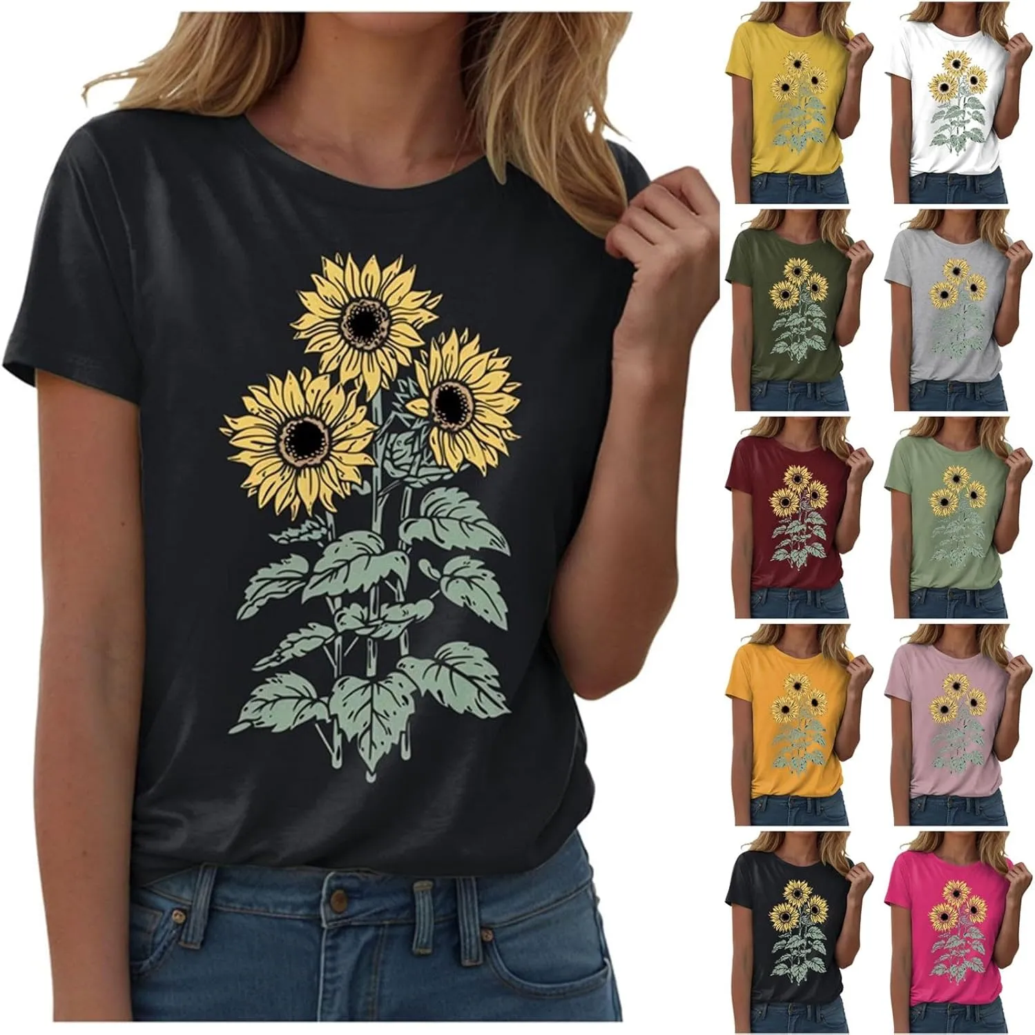 Summer Tops for Women 2025 Sunflower Graphic Tees Crewneck Short Sleeve Summer Tops Casual Loose Cotton Tshirts