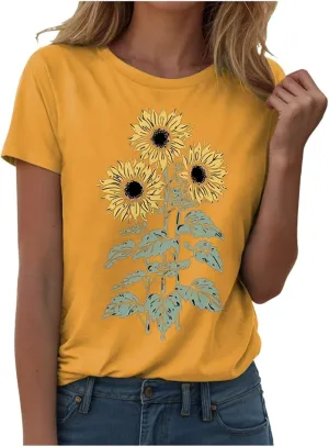 Summer Tops for Women 2025 Sunflower Graphic Tees Crewneck Short Sleeve Summer Tops Casual Loose Cotton Tshirts