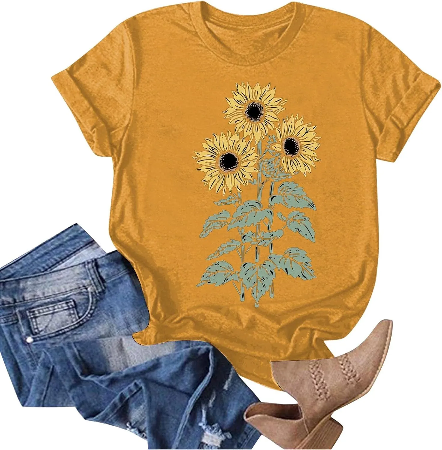 Summer Tops for Women 2025 Sunflower Graphic Tees Crewneck Short Sleeve Summer Tops Casual Loose Cotton Tshirts