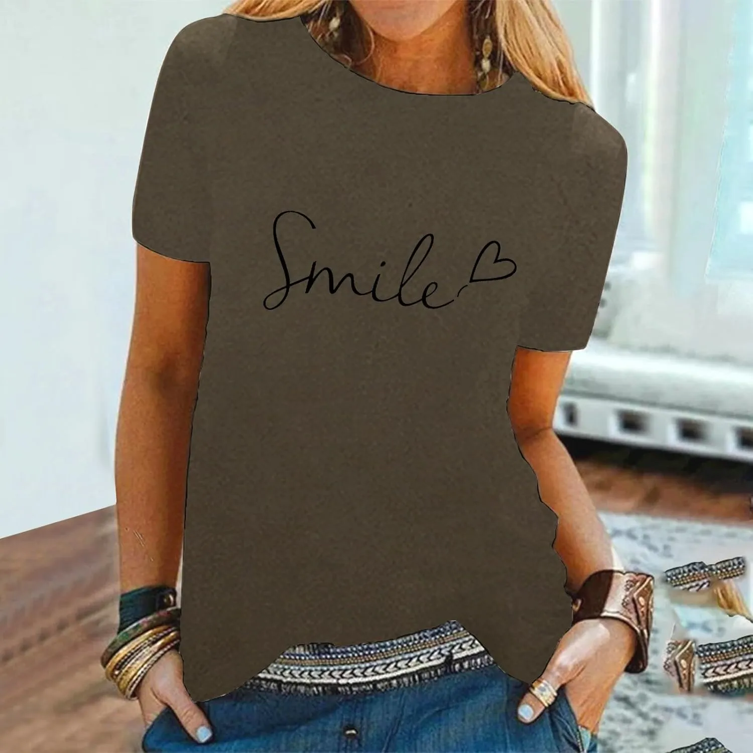Summer Tops for Women 2025 Trendy Short Sleeve Blouses Round Neck Printed Pullover Casual Plus Size T Shirts
