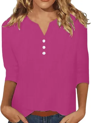 Summer Tops for Women 2025 Trendy Vacation 3/4 Sleeve Henley Shirts Cotton Linen Button V Neck T Shirt Casual Tees
