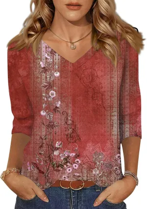 Summer Tops For Women 3/4 Sleeves V Neck Short Sleeve Plus Size Button-Down Shirts Dressy Casual Tunic Workout Blouse