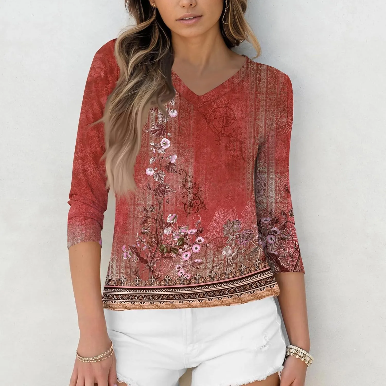 Summer Tops For Women 3/4 Sleeves V Neck Short Sleeve Plus Size Button-Down Shirts Dressy Casual Tunic Workout Blouse