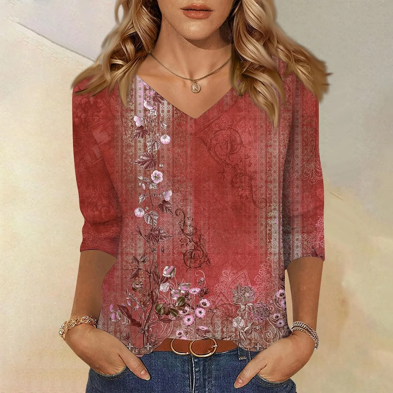 Summer Tops For Women 3/4 Sleeves V Neck Short Sleeve Plus Size Button-Down Shirts Dressy Casual Tunic Workout Blouse