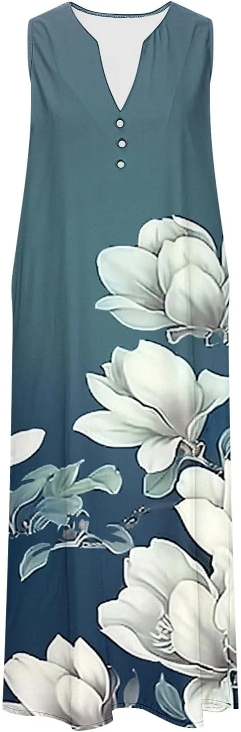 Sundress for Women Sleeveless Tank Dresses 2025 Vacation Plus Size Dress Casual Button V Neck Boho Floral Beach Dress