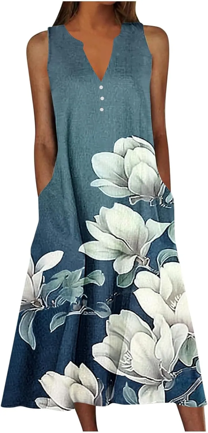 Sundress for Women Sleeveless Tank Dresses 2025 Vacation Plus Size Dress Casual Button V Neck Boho Floral Beach Dress