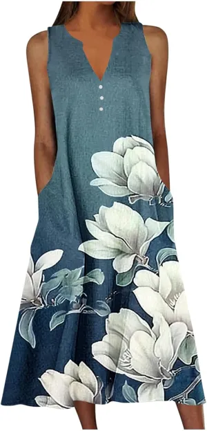 Sundress for Women Sleeveless Tank Dresses 2025 Vacation Plus Size Dress Casual Button V Neck Boho Floral Beach Dress