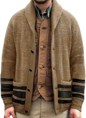 Sweaters for Men Men's Wool Blended Cardigan Sweaters Shawl Neck Button Down Cardigans Jacket Coat Khaki