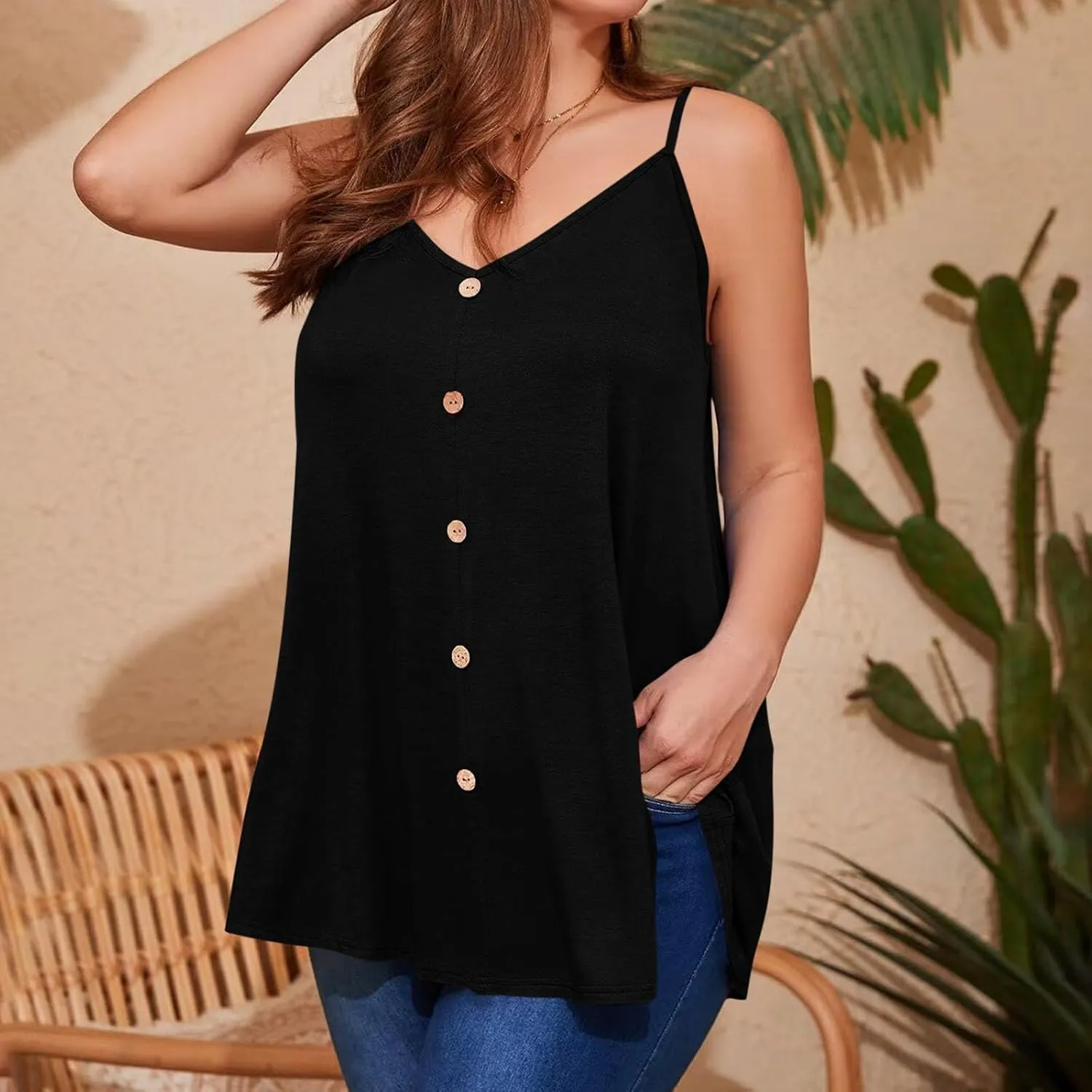 TARIENDY Plus Size Tank Top for Women Loose Casual Summer Flowy Cami Tops Button Lightweight Plain Sleeveless V Neck Shirts