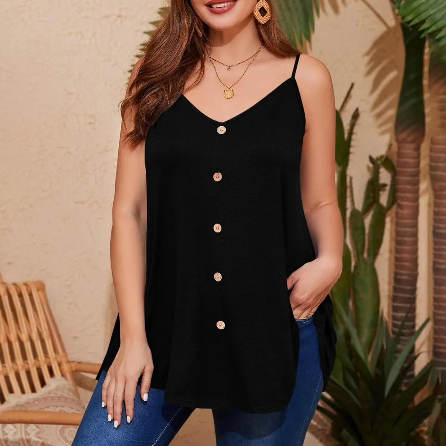 TARIENDY Plus Size Tank Top for Women Loose Casual Summer Flowy Cami Tops Button Lightweight Plain Sleeveless V Neck Shirts