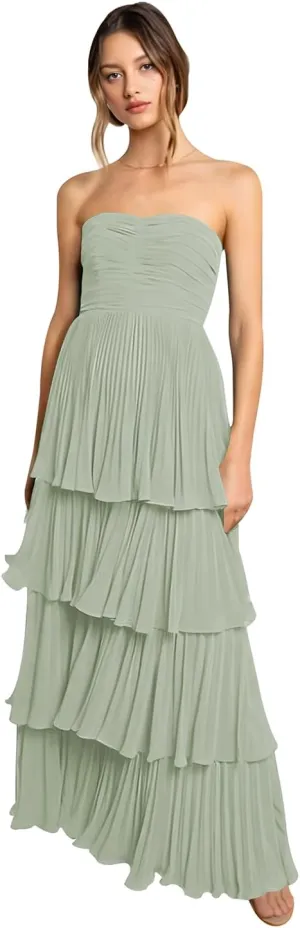 Tiered Strapless Prom Dresses for Women 2025 Modest Ruffle Chiffon Off The Shoulder Long Formal Cocktail Dresses