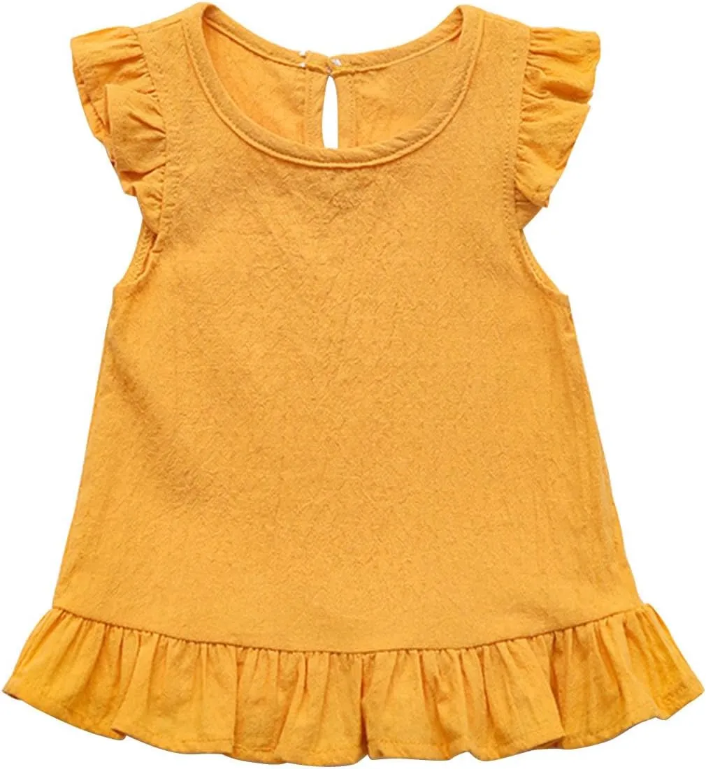 Toddler Girls Ruffle Tank Tops Summer Casual Linen Shirts Cute Cap Sleeve Blouse Tops for Baby Girl