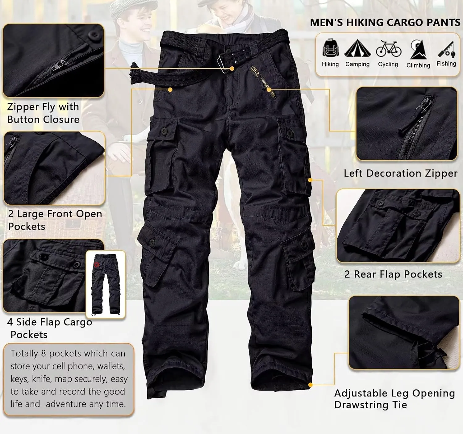 TRGPSG Men's Hiking Pants, Outdoor Ripstop Wild Cargo Pants, Multi-Pocket Army Camo Pants, Lightweight Casual Pants