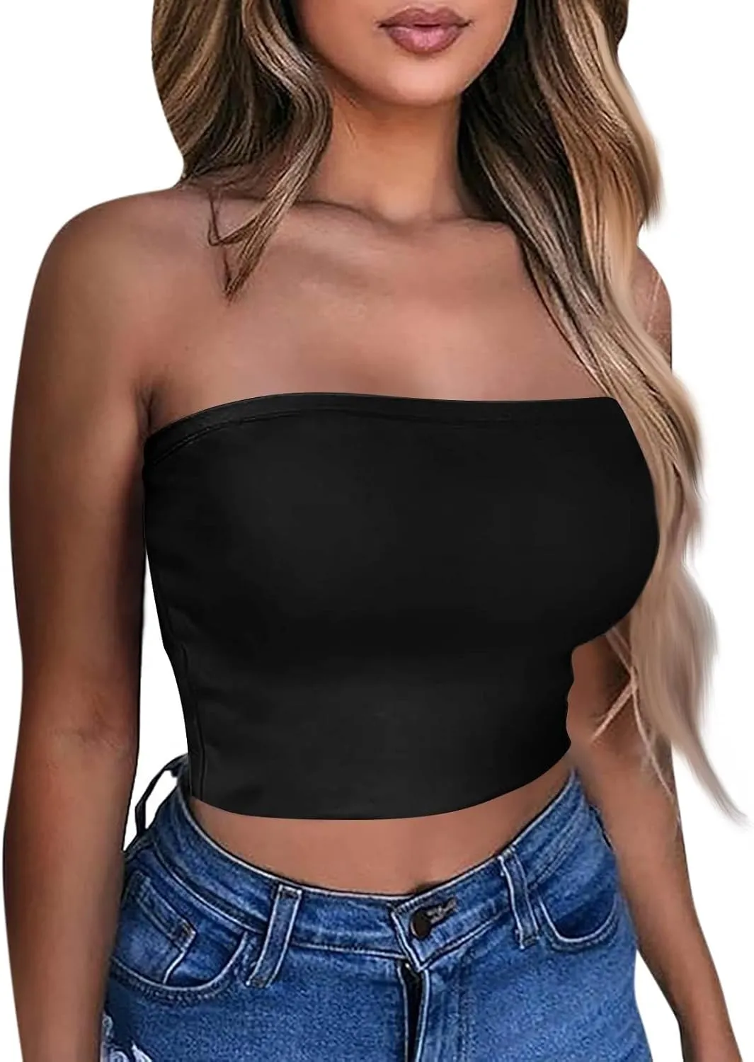 Tube Tops for Women with Built in Bra Summer Strapless Slim Fit Crop Tops Double Lined Sleeveless Crop Tank