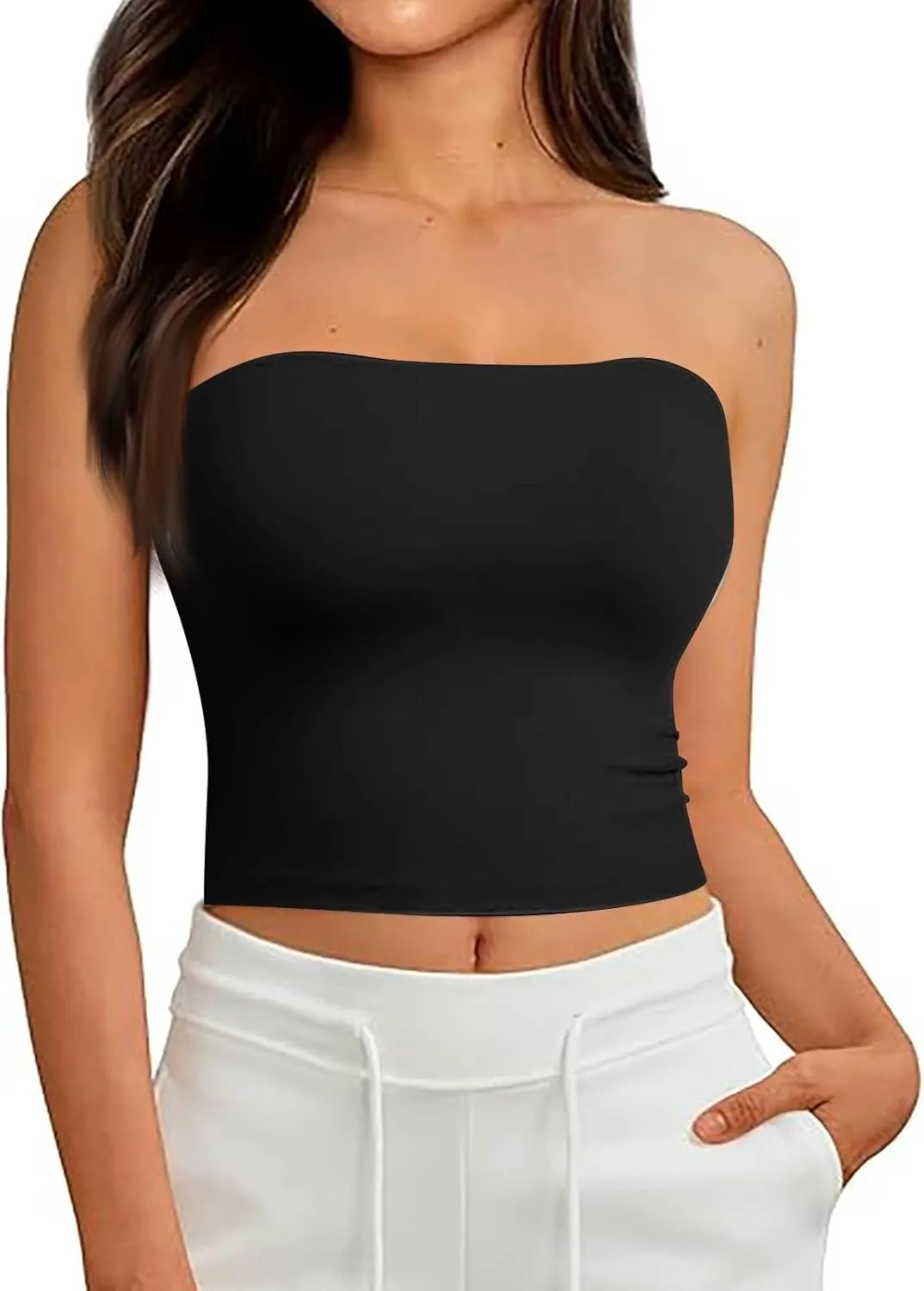 Tube Tops for Women with Built in Bra Summer Strapless Slim Fit Crop Tops Double Lined Sleeveless Crop Tank