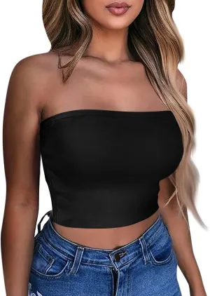 Tube Tops for Women with Built in Bra Summer Strapless Slim Fit Crop Tops Double Lined Sleeveless Crop Tank