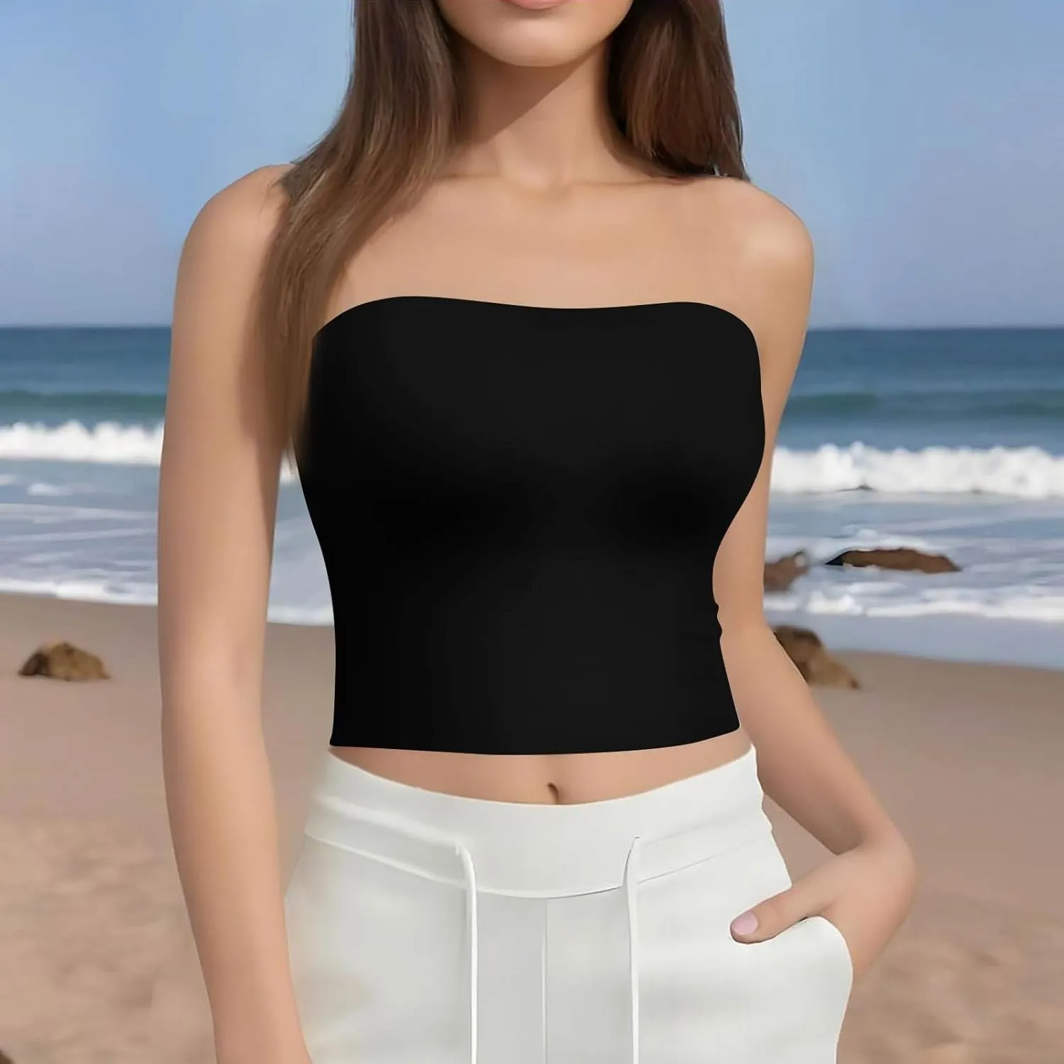 Tube Tops for Women with Built in Bra Summer Strapless Slim Fit Crop Tops Double Lined Sleeveless Crop Tank