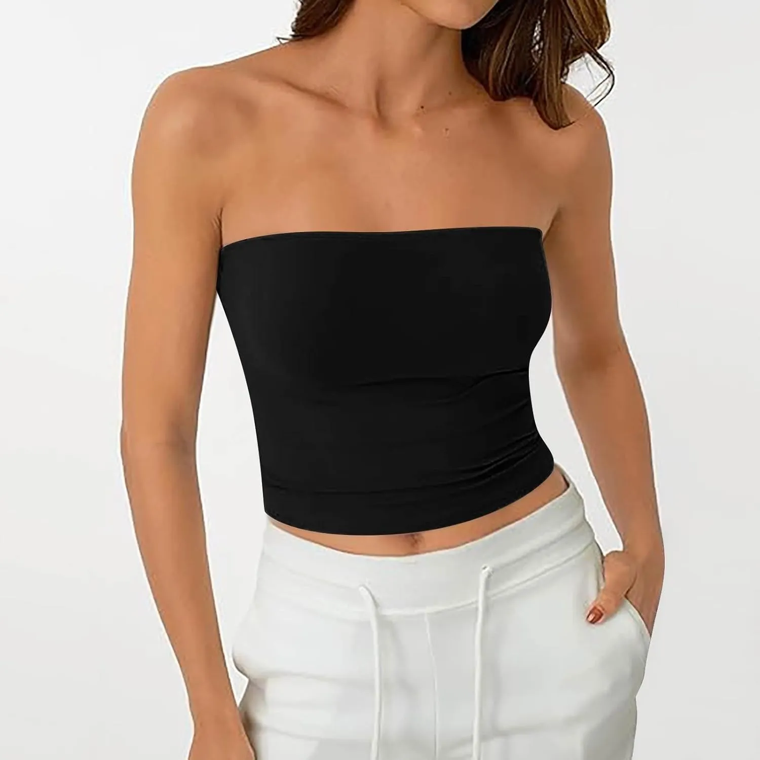 Tube Tops for Women with Built in Bra Summer Strapless Slim Fit Crop Tops Double Lined Sleeveless Crop Tank