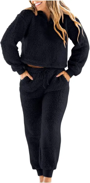 Two Piece Outfits for Women Fuzzy Sweatsuit Fall Winter Solid Sweater Sweatshirt and Casual Pants Lounge Sets Tracksuit