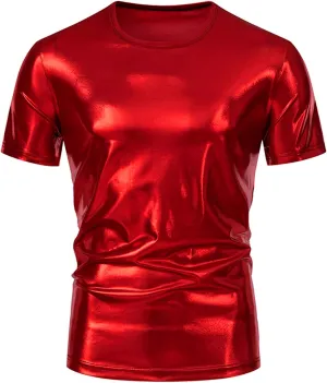 Uillui Mens Metallic T-Shirts 70s Gold/Sliver Shiny Shirts Disco Outfits Holographic Short Sleeve Party Clubwear Shirts