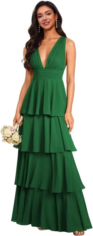 V Neck Bridesmaid Dresses 2025 Chiffon Ruffle Tiered Long Prom Dresses A Line Formal Evening Gowns XOD0436