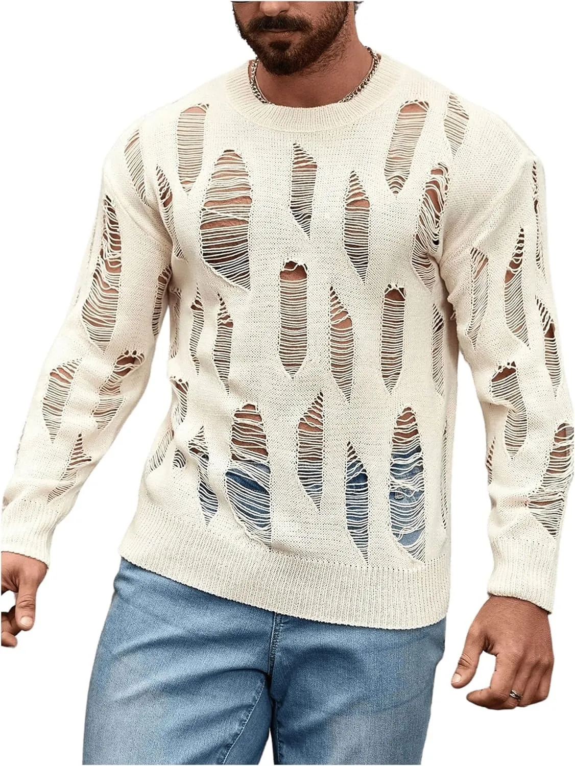 Verdusa Men's Hollow Out Distressed Knit Sweater Top Long Sleeve Pullovers