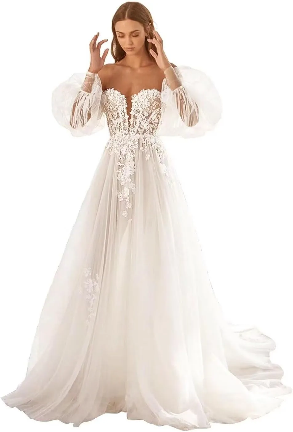 Verngo Lace Applique Wedding Dresses for Bride Mermaid Tulle Beach Bridal Gowns for Women with Train