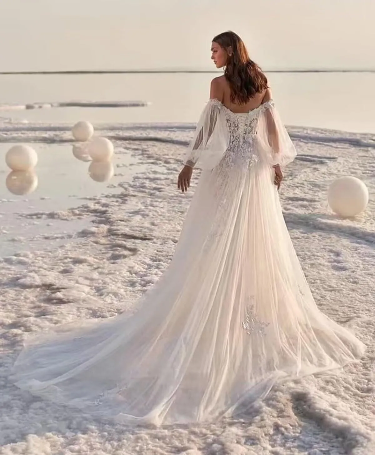 Verngo Lace Applique Wedding Dresses for Bride Mermaid Tulle Beach Bridal Gowns for Women with Train