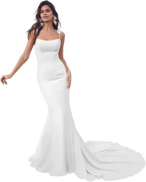 Verngo Lace Applique Wedding Dresses for Bride Mermaid Tulle Beach Bridal Gowns for Women with Train