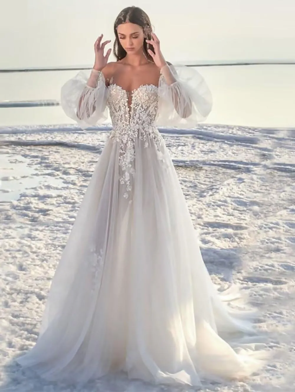 Verngo Lace Applique Wedding Dresses for Bride Mermaid Tulle Beach Bridal Gowns for Women with Train