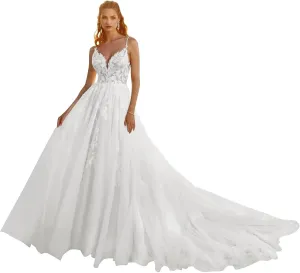 Verngo Lace Applique Wedding Dresses for Bride Mermaid Tulle Beach Bridal Gowns for Women with Train