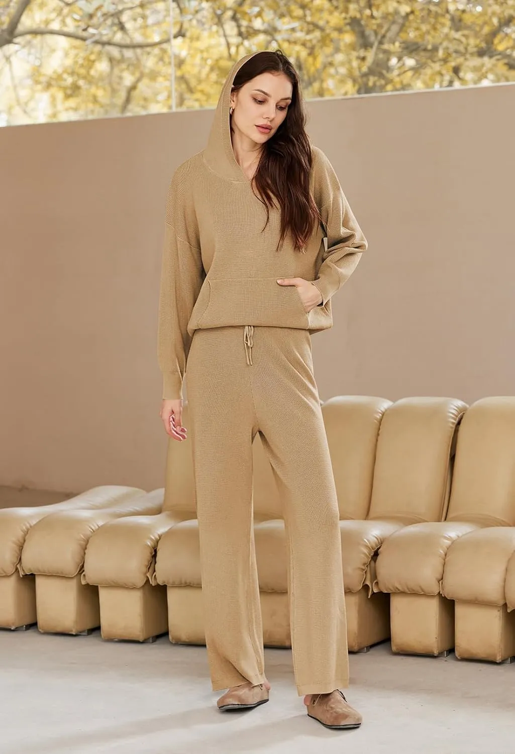 Viottiset Women's 2 Piece Outfits Sweater Set Long Sleeve Hoodies With Pocket Wide Leg Pants Lounge Sets Tracksuit