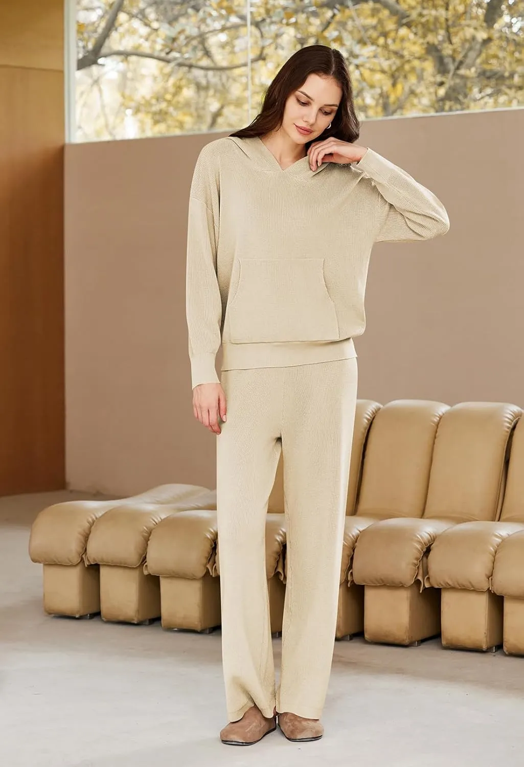 Viottiset Women's 2 Piece Outfits Sweater Set Long Sleeve Hoodies With Pocket Wide Leg Pants Lounge Sets Tracksuit