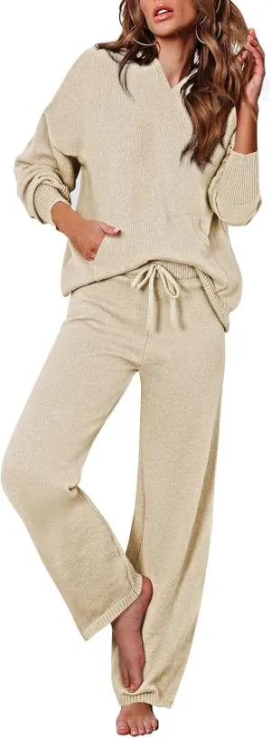 Viottiset Women's 2 Piece Outfits Sweater Set Long Sleeve Hoodies With Pocket Wide Leg Pants Lounge Sets Tracksuit