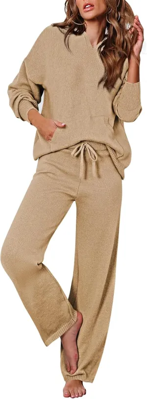 Viottiset Women's 2 Piece Outfits Sweater Set Long Sleeve Hoodies With Pocket Wide Leg Pants Lounge Sets Tracksuit