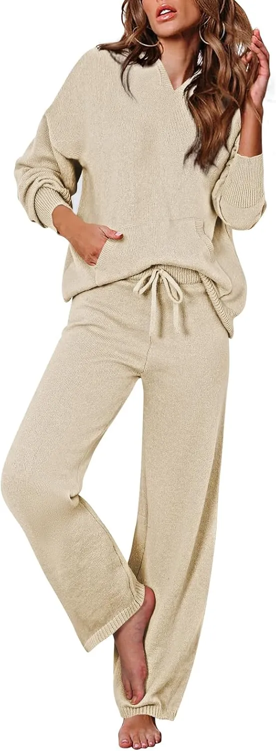 Viottiset Women's 2 Piece Outfits Sweater Set Long Sleeve Hoodies With Pocket Wide Leg Pants Lounge Sets Tracksuit
