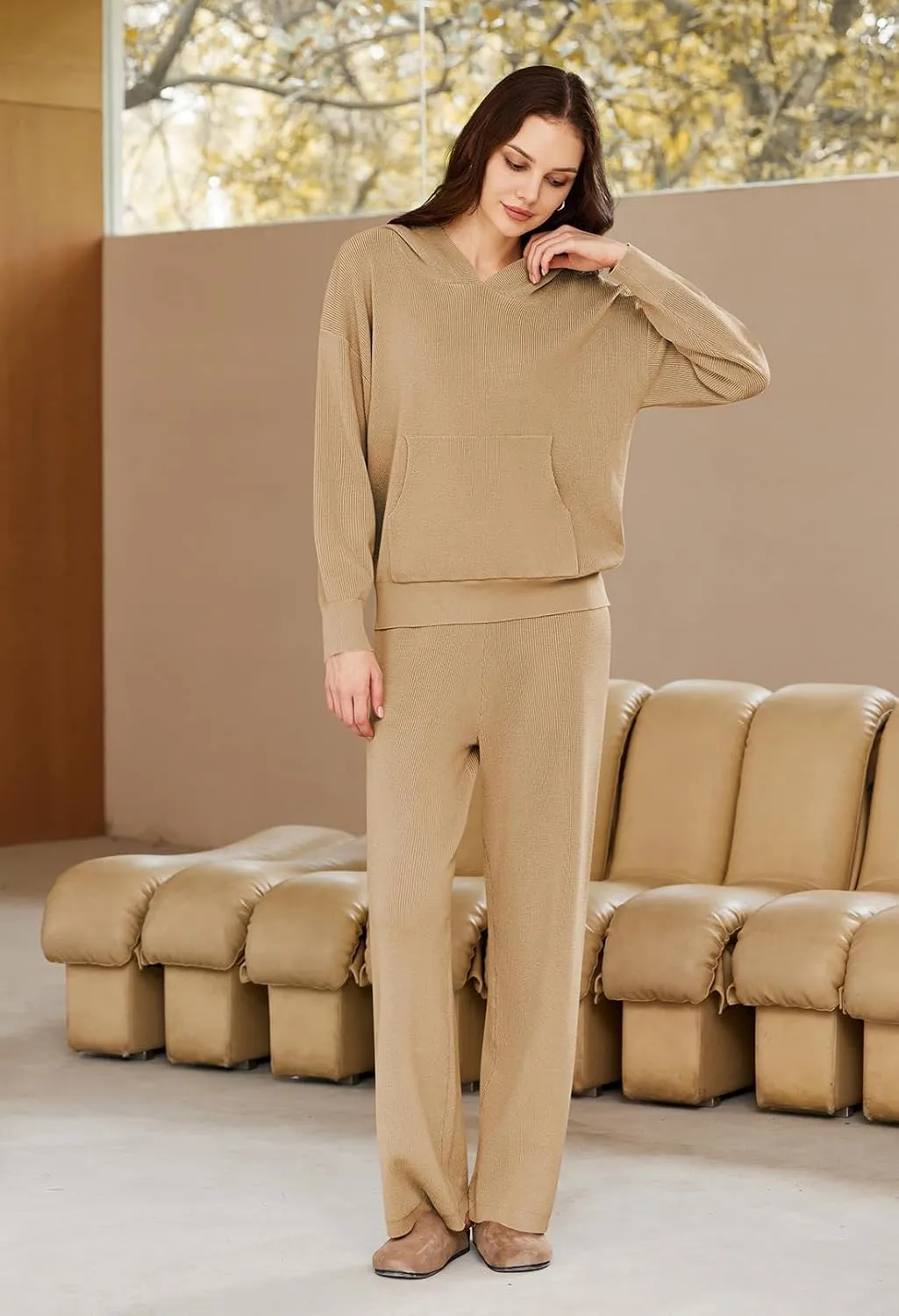 Viottiset Women's 2 Piece Outfits Sweater Set Long Sleeve Hoodies With Pocket Wide Leg Pants Lounge Sets Tracksuit