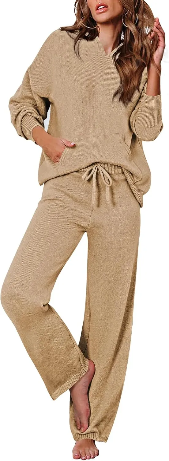 Viottiset Women's 2 Piece Outfits Sweater Set Long Sleeve Hoodies With Pocket Wide Leg Pants Lounge Sets Tracksuit