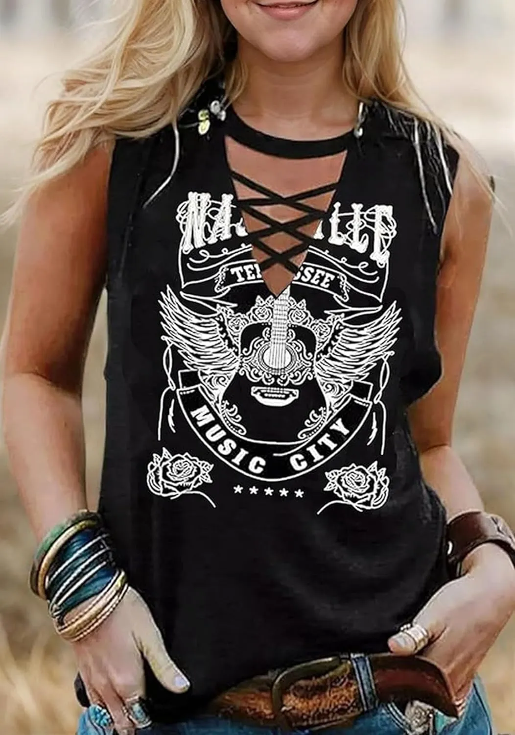 Wasted On You Steer Skull Criss-Cross Hollow Out Tank Tops Women Western Cowboy Rodeo Shirt Tops Country Music Tank Tops