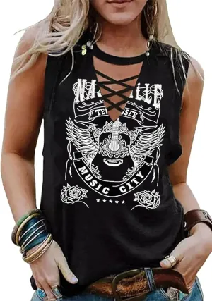 Wasted On You Steer Skull Criss-Cross Hollow Out Tank Tops Women Western Cowboy Rodeo Shirt Tops Country Music Tank Tops
