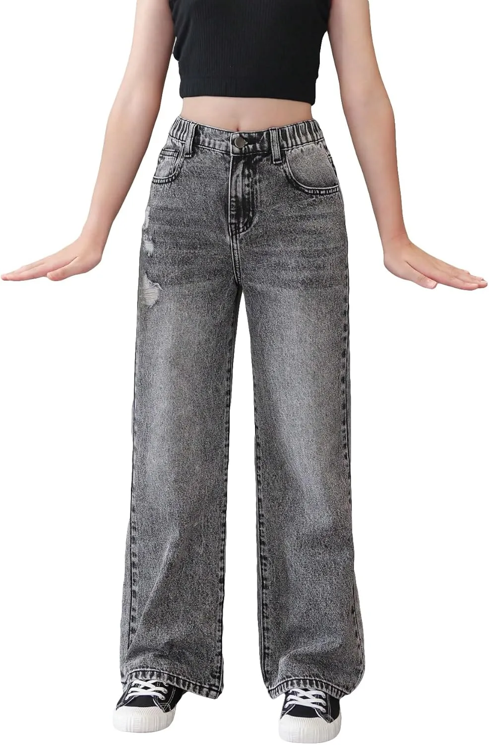 WDIRARA Girl's Cute Cherry Print Elastic High Waist Denim Pants Casual Wide Leg Jeans