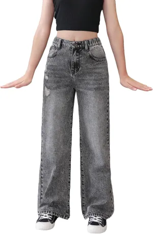 WDIRARA Girl's Cute Cherry Print Elastic High Waist Denim Pants Casual Wide Leg Jeans