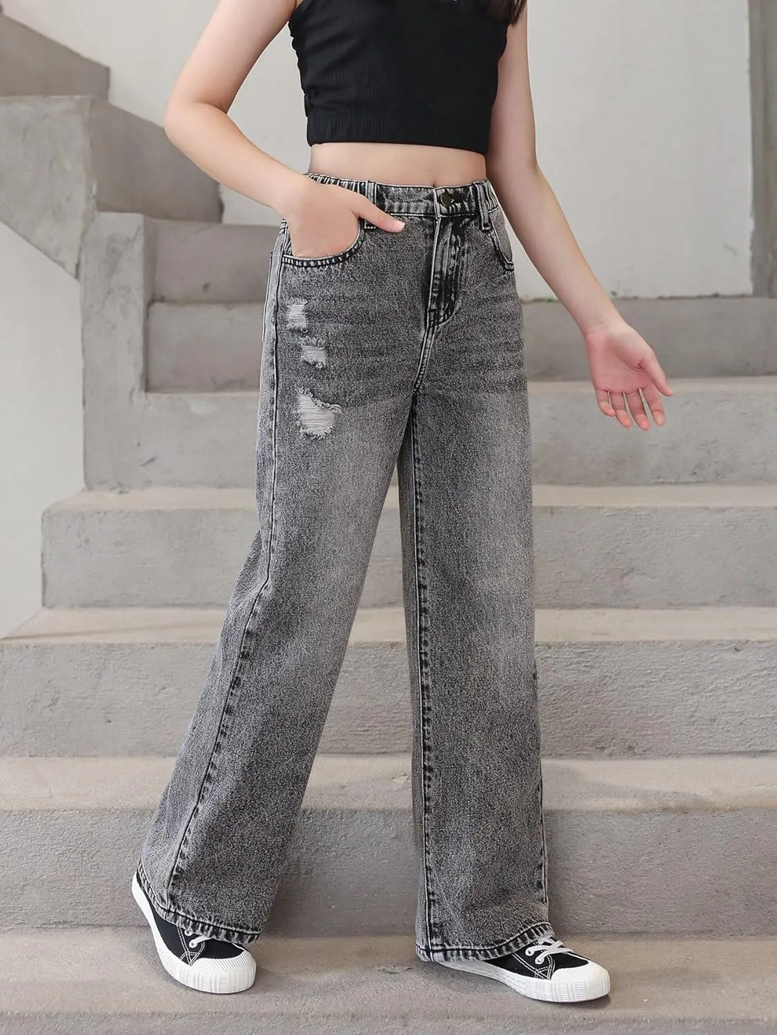 WDIRARA Girl's Cute Cherry Print Elastic High Waist Denim Pants Casual Wide Leg Jeans
