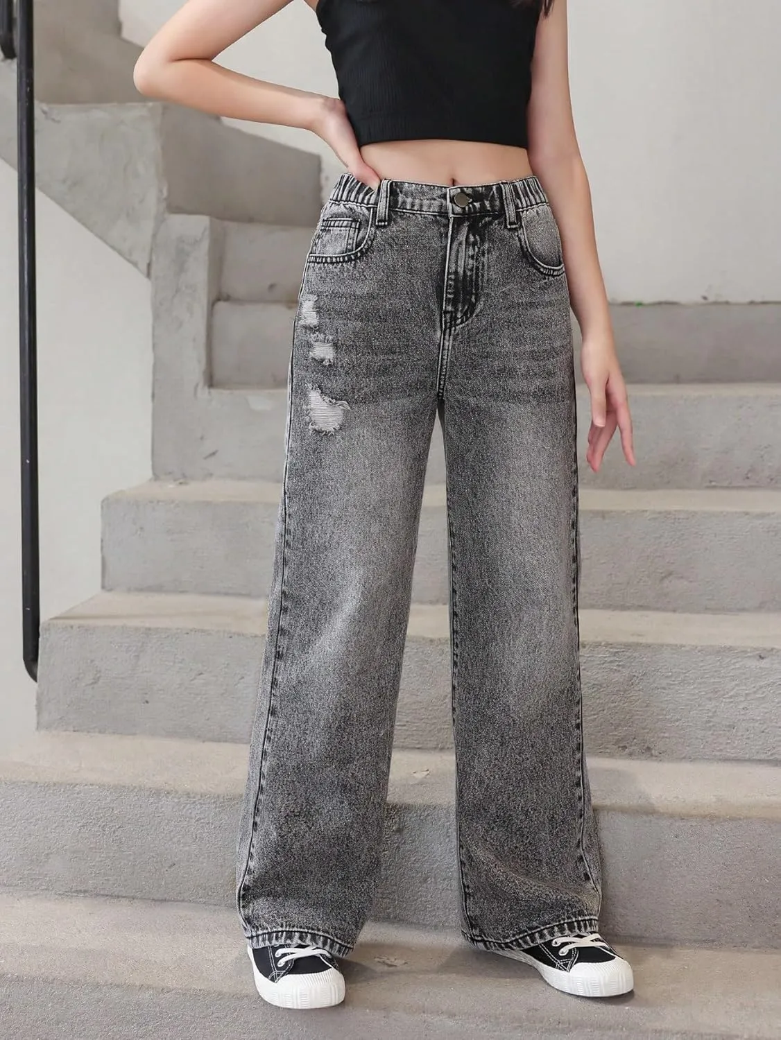 WDIRARA Girl's Cute Cherry Print Elastic High Waist Denim Pants Casual Wide Leg Jeans